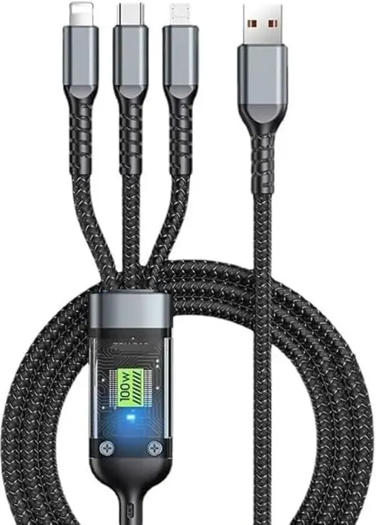 Multi USB Cable 3 in 1 Braided Fast Charging 6A/100W - Smart Chip - Thicker Version Compatible with Lightning/Micro/Type-C - Multi Fast Charging Cable 3 in 1 Type C - (Black)