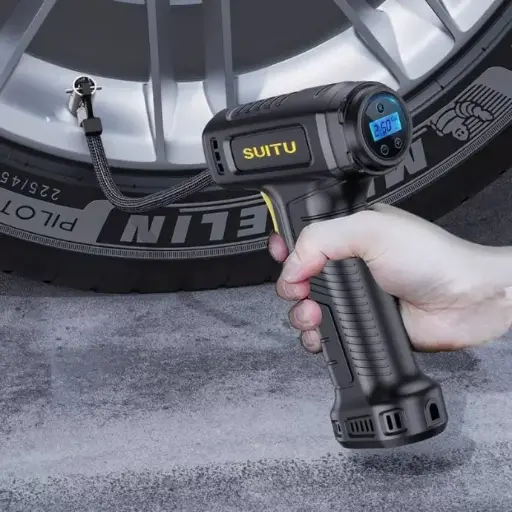 portable air compressor with pressure gauge and rechargeable tire inflator with 120 PSI pressure, digital display and LED light, suitable for car, bicycle and sports ball, black color